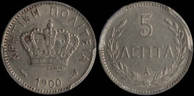 GREECE: 5 Lepta (1900 A) in copper-nickel. Royal crown and inscription "ΚΡΗΤΙΚΗ ΠΟΛΙΤΕΙΑ" on obverse. Inside slab by PCGS "AU 55". Cert number: 482106...