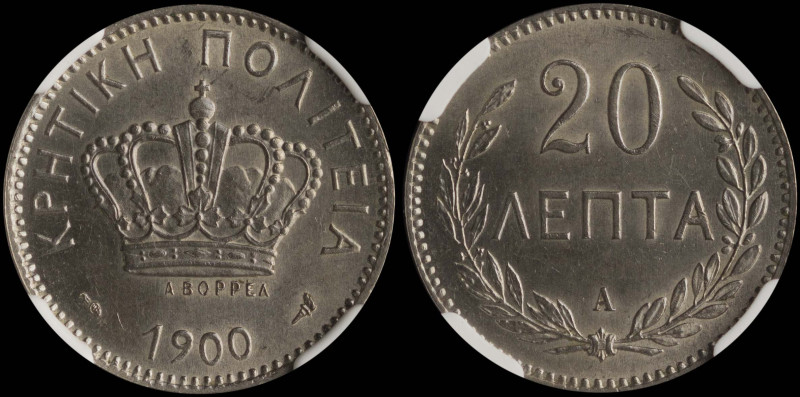GREECE: 20 Lepta (1900 A) in copper-nickel. Royal crown and inscription "ΚΡΗΤΙΚΗ...
