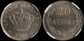 GREECE: 20 Lepta (1900 A) in copper-nickel. Royal crown and inscription "ΚΡΗΤΙΚΗ ΠΟΛΙΤΕΙΑ" on obverse. Inside slab by NGC "MS 64". Cert number: 393832...
