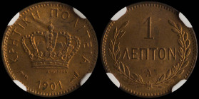 GREECE: 1 Lepton (1901 A) in bronze. Royal crown and inscription "ΚΡΗΤΙΚΗ ΠΟΛΙΤΕΙΑ" on obverse. Inside slab by NGC "MS 64 RB". Cert number: 6142284-01...