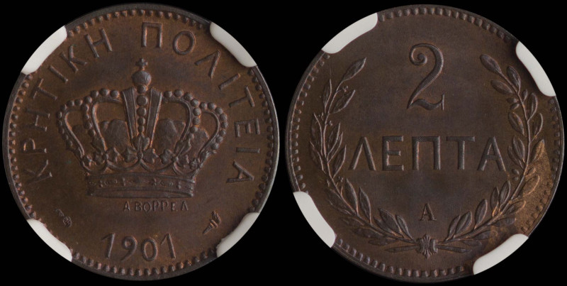 GREECE: 2 Lepta (1901 A) in bronze. Royal crown and inscription "ΚΡΗΤΙΚΗ ΠΟΛΙΤΕΙ...