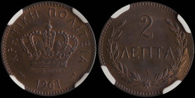 GREECE: 2 Lepta (1901 A) in bronze. Royal crown and inscription "ΚΡΗΤΙΚΗ ΠΟΛΙΤΕΙΑ" on obverse. Inside slab by NGC "MS 66 BN". Top pop with the BN desi...