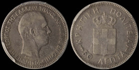 GREECE: 50 Lepta (1901) in silver (0,835). Head of Prince George facing right and inscription "ΠΡΙΓΚΗΨ ΓΕΩΡΓΙΟΣ ΤΗΣ ΕΛΛΑΔΟΣ ΥΠΑΤΟΣ ΑΡΜΟΣΤΗΣ ΕΝ ΚΡΗΤΗ" ...