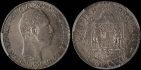 GREECE: 1 Drachma (1901 A) in silver (0,835). Head of Prince George facing right and inscription "ΠΡΙΓΚΗΨ ΓΕΩΡΓΙΟΣ ΤΗΣ ΕΛΛΑΔΟΣ ΥΠΑΤΟΣ ΑΡΜΟΣΤΗΣ ΕΝ ΚΡΗΤ...