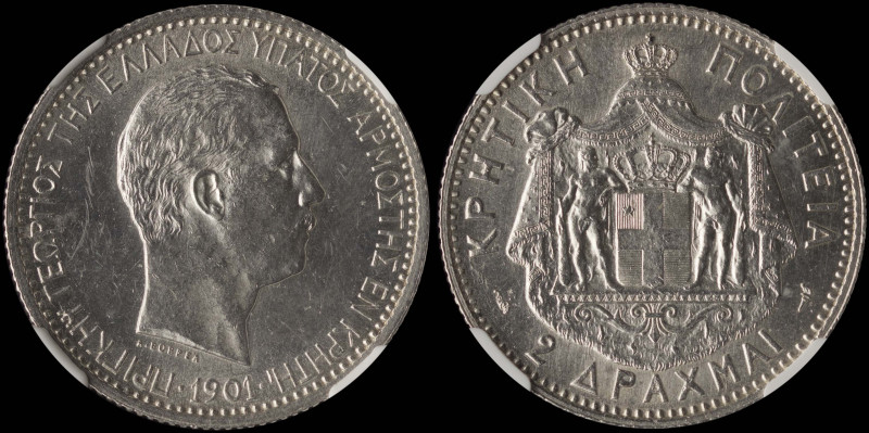 GREECE: 2 Drachmas (1901) in silver (0,835). Head of Prince George facing right ...