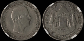 GREECE: 2 Drachmas (1901 A) in silver (0,835). Head of Prince George facing right and inscription "ΠΡΙΓΚΗΨ ΓΕΩΡΓΙΟΣ ΤΗΣ ΕΛΛΑΔΟΣ ΥΠΑΤΟΣ ΑΡΜΟΣΤΗΣ ΕΝ ΚΡΗ...