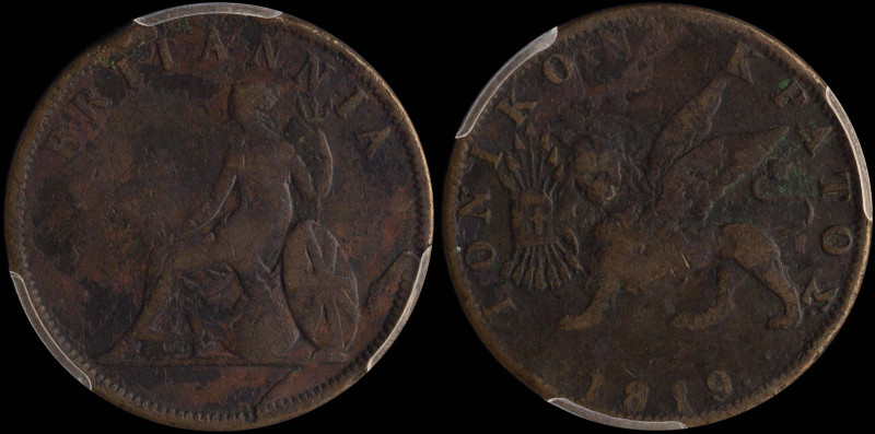 GREECE: 1 Obol (1819) in copper. The lion of St Mark and inscription "ΙΟΝΙΚΟΝ ΚΡ...