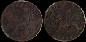 GREECE: 1 Obol (1819) in copper. The lion of St Mark and inscription "ΙΟΝΙΚΟΝ ΚΡΑΤΟΣ" on obverse. Coin alignment. Inside slab by PCGS "F Detail / Envi...