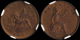 GREECE: 1 new Obol (1835.) in copper. The lion of St Mark and inscription "ΙΟΝΙΚΟΝ ΚΡΑΤΟΣ" on obverse. Dot after date. Inside slab by NGC "MS 64 RB". ...