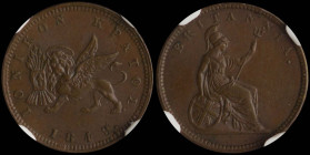 GREECE: 1 new Obol (1849.) in copper. The lion of St Mark and inscription "ΙΟΝΙΚΟΝ ΚΡΑΤΟΣ" on obverse. Dot after date. Inside slab by NGC "MS 63 BN". ...