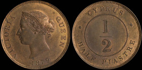 CYPRUS: 1/2 Piastre (1879) in bronze. Crowned head of Queen Victoria facing left on obverse. Denomination within circle on reverse. (KM 2) & (Fitikide...