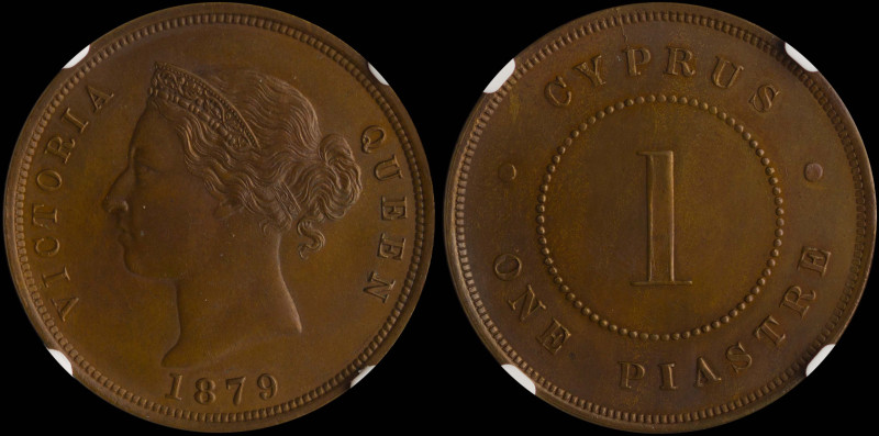 CYPRUS: 1 Piastre (1879) in bronze. Crowned head of Queen Victoria facing left o...