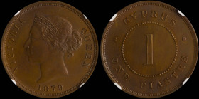 CYPRUS: 1 Piastre (1879) in bronze. Crowned head of Queen Victoria facing left on obverse. Thin "1" within circle on reverse. Inside slab by NGC "MS 6...