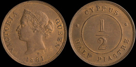 CYPRUS: 1/2 Piastre (1881 H) in bronze. Crowned head of Queen Victoria facing left on obverse. Denomination within circle on reverse. The number "373"...