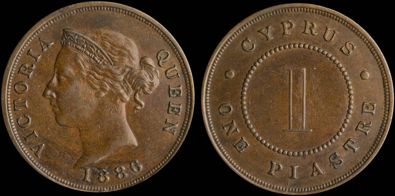 CYPRUS: 1 Piastre (1886) in bronze. Crowned head of Queen Victoria facing left o...