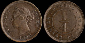 CYPRUS: 1/4 Piastre (1898) in bronze. Crowned head of Queen Victoria facing left on obverse. Denomination within circle on reverse. Light scratches on...