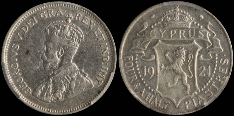 CYPRUS: 4- 1/2 Piastres (1921) in silver (0,925). Crowned bust facing left on ob...