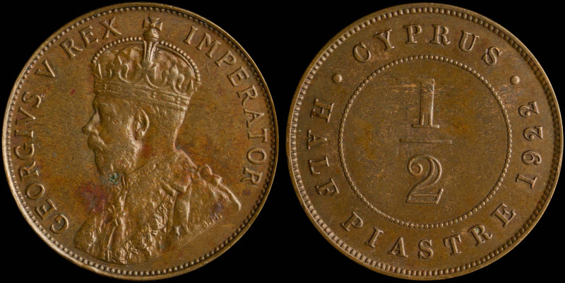 CYPRUS: 1/2 Piastre (1922) in bronze. Crowned bust of King George V facing left ...