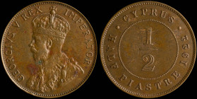 CYPRUS: 1/2 Piastre (1922) in bronze. Crowned bust of King George V facing left on obverse. Denomination within value on reverse. (KM 17) & (Fitikides...