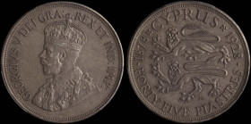 CYPRUS: 45 Piastres (1928) in silver (0,925) commemorating the 50th anniversary of British rule on the island. Crowned bust of King George V on obvers...