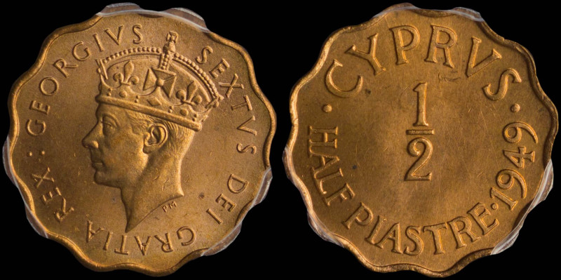 CYPRUS: 1/2 Piastre (1949) in bronze. Crowned head of King George VI facing left...