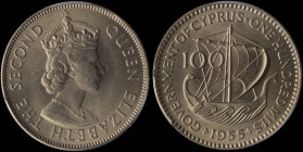 CYPRUS: 100 Mils (1955) in copper-nickel. Crowned bust facing right on obverse. Stylized ancient merchant ship, denomination upper left, date below on...