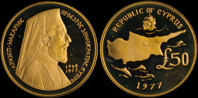 CYPRUS: 50 Pounds (1977) in gold (0,917). Bust of Archbishop Makarios facing right on obverse. Ship above map, dolphins, date and denomination below o...