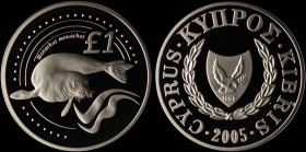 CYPRUS: 1 Pound (2005) in copper-nickel commemorating Cyprus Wildlife Series / Mediterranean Monk Seal. Shielded coat of arms within wreath on obverse...