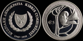 CYPRUS: 5 Euro (2010) in silver (0,925) commemorating the 50th Anniversary of the Republic of Cyprus. National coat of arms. Bird in stylized tree on ...