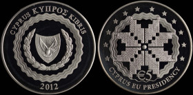 CYPRUS: 5 Euro (2012) in silver (0,925) commemorating the Cyprian presidency of European Council. Coat of arms of Cyprus on obverse. A composition dep...