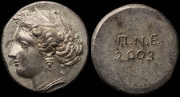 GREECE: Private token in silver for the New Years Eve. Female head facing left on obverse. Inscription "ΠΝΕ 2003" on reverse. Medal alignment. Diamete...