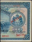 GREECE: Right part of 1000 Drachmas (21.1.1922) (cut Hellas #80h) of 1926 Emergency Loan. S/N: "ΒΠ043 479761". (Hellas 97b) & (Pick 83). Very Fine.
