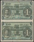 GREECE: Vertical pair of 1 Drachma (Law 21.12.1885 / ND 1886) in black on blue and orange unpt. God Hermes at left on face. Consecutive S/N: "Σ169 096...