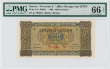 GREECE: 100 Drachmas (10.7.1941) in brown on orange and blue unpt. Byzantine decorations of bird friezes at left and right on face. S/N: "217276 ΝΙ" w...