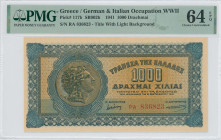 GREECE: 1000 Drachmas (1.10.1941) in blue on orange unpt. Alexander the Great at left on face. S/N: "PA 836823" with prefix. Title of picture on white...