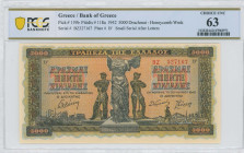 GREECE: 5000 Drachmas (20.6.1942) in black on orange, blue and green unpt. Statue of Nike of Samothrace at center with worker and peasant at left and ...
