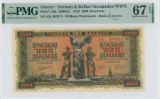 GREECE: 5000 Drachmas (20.6.1942) in black on orange, blue and green unpt. Statue of Nike of Samothrace at center between worker and peasant on face. ...