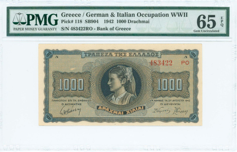 GREECE: 1000 Drachmas (21.8.1942) in black on blue and orange unpt. Girl in trad...