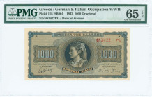 GREECE: 1000 Drachmas (21.8.1942) in black on blue and orange unpt. Girl in traditional costume from Thasos at center on face. S/N: "483422 PO" with s...