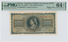 GREECE: 1000 Drachmas (21.8.1942) in black on blue and orange unpt. Girl in traditional costume from Thasos at center on face. Low S/N: "000246 TA" wi...