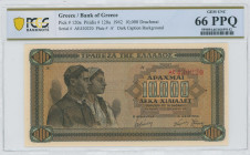 GREECE: 10000 Drachmas (29.12.1942) in black on blue, brown and orange unpt. Couple of peasants at left on face. S/N: "AE 430220". Title of back witho...