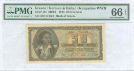 GREECE: 50 Drachmas (1.2.1943) in brown on blue and orange unpt. Girl in traditional costume at left on face. S/N: "ΑΜ 174521". Printed in Athens. Ins...