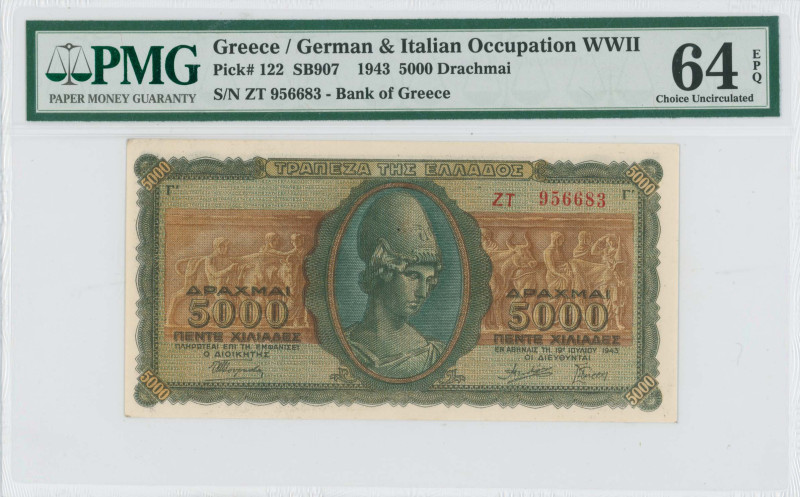 GREECE: 5000 Drachmas (19.7.1943) in green and brown. Goddess Athena at center o...