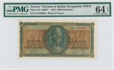 GREECE: 5000 Drachmas (19.7.1943) in green and brown. Goddess Athena at center on face. S/N: "ZT 956683" with prefix and number of 3,5mm height. Print...