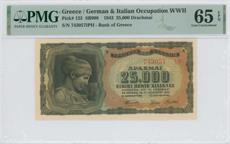 GREECE: 25000 Drachmas (12.8.1943) in black on brown, light blue and green unpt....