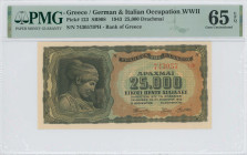 GREECE: 25000 Drachmas (12.8.1943) in black on brown, light blue and green unpt. Nymph Deidamia at left on face. S/N: "743057 ΙΦ" with suffix and numb...