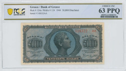 GREECE: 50000 Drachmas (14.1.1944) in blue and black on pale orange unpt. Head of youth boy at center on face. S/N: "518322 AA". Printed in Athens. In...