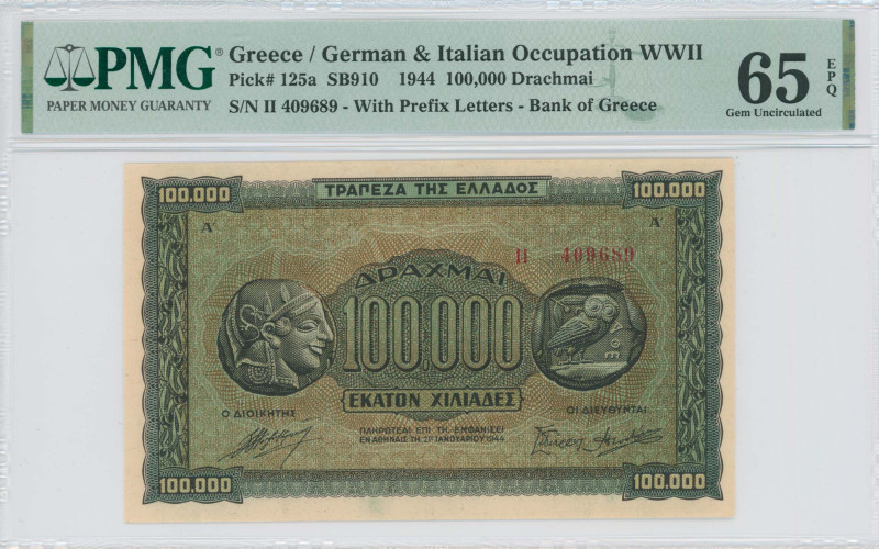 GREECE: 100000 Drachmas (21.1.1944) in black on brown, blue and green unpt. Anci...