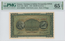 GREECE: 100000 Drachmas (21.1.1944) in black on brown, blue and green unpt. Ancient Athenian coin of 4 Drachmas at left and right on face. S/N: "II 40...