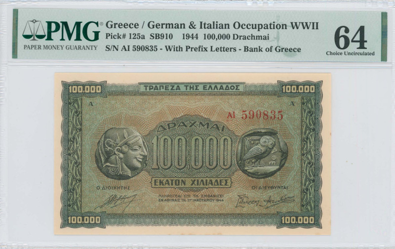 GREECE: 100000 Drachmas (21.1.1944) in black on brown, blue and green unpt. Anci...